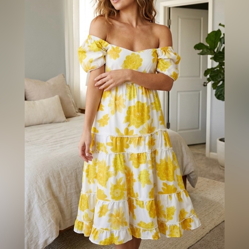 Zimmermann White and Yellow Off-Shoulder Mini Dress